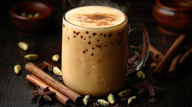 Steaming spiced chai latte in glass mug on dark wood table with spices