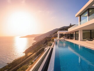 Fototapeta premium A Swimming pool with a sea and sunset view in the background.