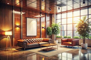 Vintage Style Modern Office Lobby Interior with Blank Poster Mockup - 3D Render
