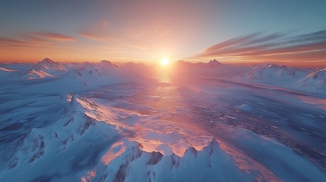 Stunning sunset over snow-capped mountains and icy plains.