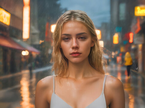 Sexy blonde young woman dressed in low cut lingeri underwear in cityscape with lights in rainy weather.