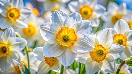 Fototapeta premium Rule of thirds composition highlights the intricate details of macro photographed white and yellow narcissus.