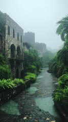 Mystical Ancient Stone Castle by Tranquil River Amidst Verdant Jungle in Misty Weather - Enchanting Medieval Architecture with Lush Greenery and Tropical Ambiance