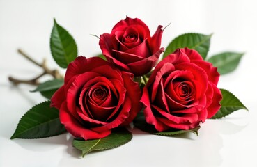 Fototapeta premium Three vivid red roses with rich green leaves rest on white background. Close-up view shows detailed rose petals. Roses beautiful symbol of love, romance. Perfect for Valentine Day romantic gift.