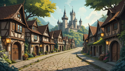 Step Back in Time with a Medieval Village Cartoon Background