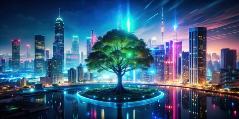 Sleek environmental art: double exposure tree projections, AI-generated, showcasing futuristic green tones.