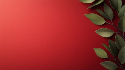 Red Background with Elegant Green Leaves: Minimalist Botanical Design