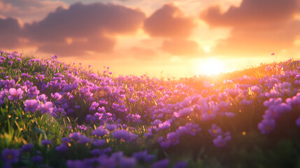 Obraz premium Beautiful field of purple flowers with dramatic sky
