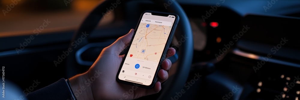 Poster Businessman is holding a smartphone displaying a navigation app with a map and route, providing real time directions and location information while driving a car at night