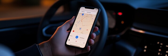 Businessman is holding a smartphone displaying a navigation app with a map and route, providing real time directions and location information while driving a car at night