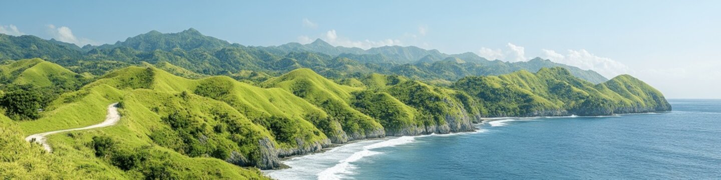 Stunning Green Hills and Pristine Coastline with Ocean Waves in Batanes, Philippines - Scenic Landscape, Nature Travel Destination, Seaside Adventure