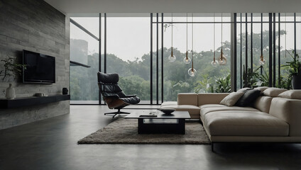 Fototapeta premium Modern Living Room Interior with Sectional Sofa and Armchair