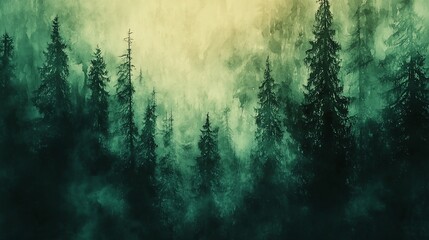 Obraz premium Misty evergreen forest at dawn.