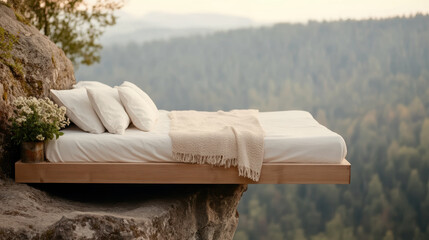 Cozy wooden bed on cliff with soft pillow and warm blanket