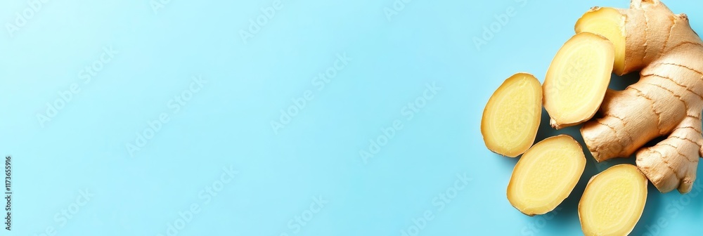 Poster Fresh ginger root and several slices are arranged on a vibrant blue background. Creating a visually appealing image that promotes a healthy lifestyle and highlights the medicinal properties of ginger