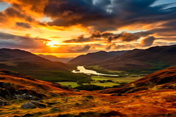 Breathtaking Highland Sunrise: A Symphony of Warm Hues and Silhouetted Terrains