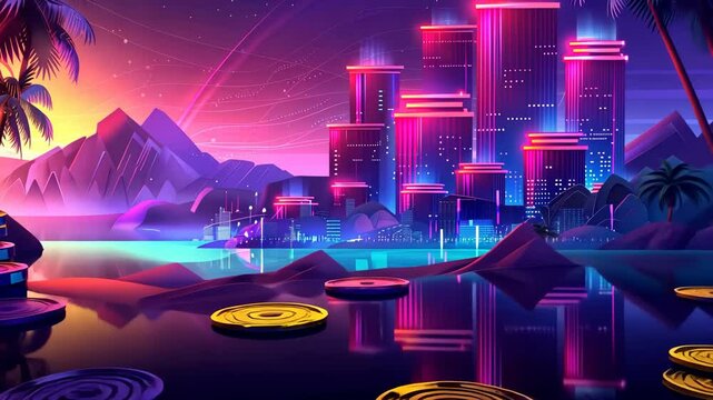 Neon city skyline with vibrant lights and palm trees at dusk near a calm body of water