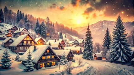 Fototapeta premium Vintage Winter Fairytale: Snow-Covered Mountain Village
