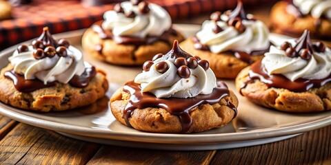 Warm Chocolate Chip Cookies with Whipped Cream and Chocolate Sauce - Tilt-Shift Photography