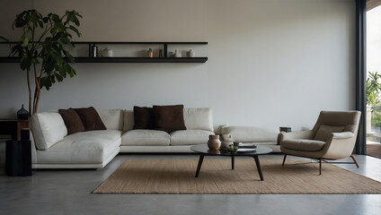 Fototapeta premium Modern Living Room Interior with Sectional Sofa and Large Windows