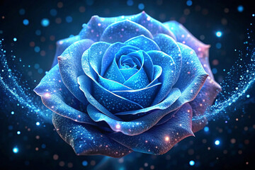 Sparkling blue rose with magical glitter effect on dark background.