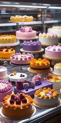 Glass display case filled with an assortment of colorful cakes, each uniquely designed and enticingly arranged