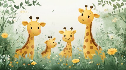 Naklejka premium cute family of giraffes stands on a green meadow on a white background