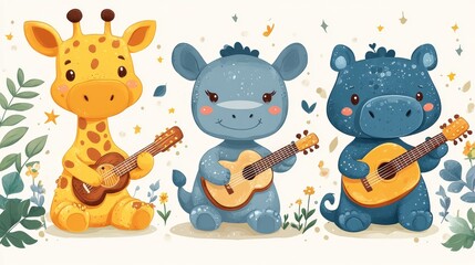Naklejka premium Adorable animals playing musical instruments set