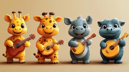 Naklejka premium Adorable animals playing musical instruments set