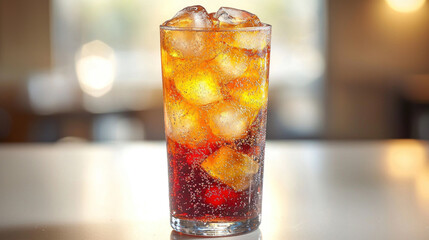 Iced cola in glass on counter with blurry restaurant background