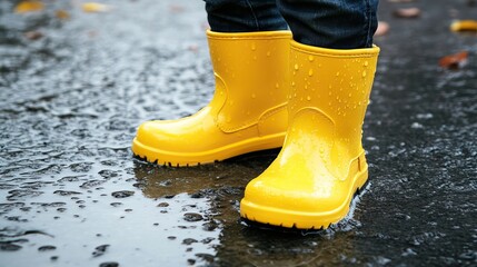 Bright Yellow Rain Boots on Wet Pavement After a Rainy Day