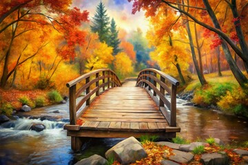 Obraz premium Watercolor Autumn Landscape: Rustic Bridge with Bokeh Effect - Stock Photo