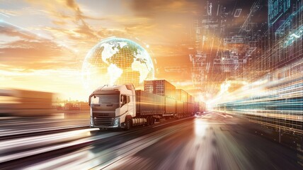 Fototapeta premium Cargo Route Concept. Futuristic truck driving toward a glowing globe in a vibrant cityscape at sunset.