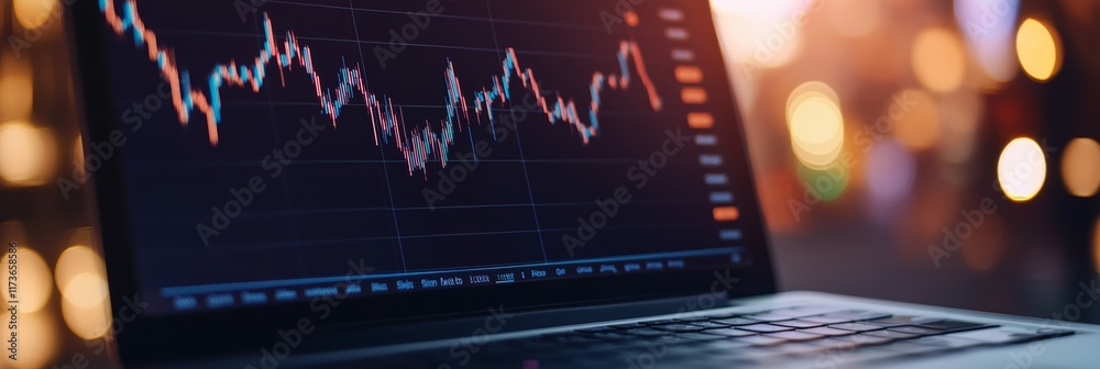 Poster cryptocurrency trading chart showing bitcoin price falling on a laptop screen with a blurred backgro
