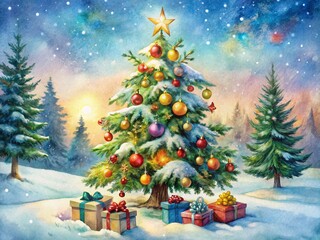 Obraz premium Watercolor Christmas Tree Painting with Presents, Snowy Winter Scene - Festive Holiday Stock Photo