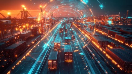 Obraz premium Cargo Route Concept. A vibrant urban highway scene illuminated by glowing lights and digital effects.