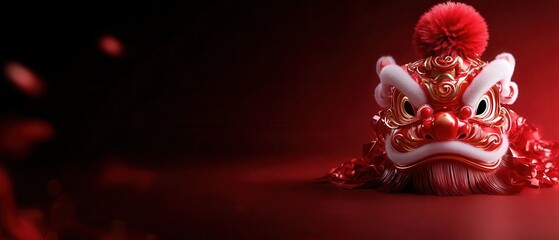 A striking red lion dance mask with fierce eyes, set against a deep red background, symbolizing strength and celebration.