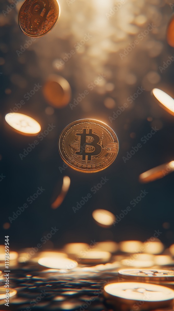 Poster numerous gold bitcoin cryptocurrency coins are falling onto a dark surface, creating a dynamic visua