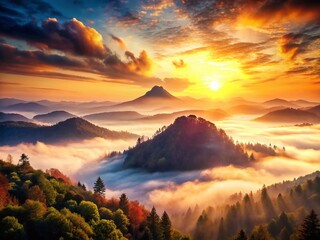Fototapeta premium Watercolor Sunrise Misty Mountains Landscape Stock Photo