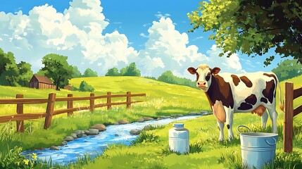 vector illustration cow and milk for advertising