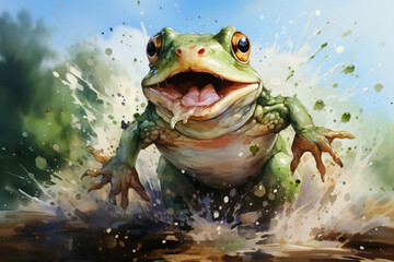 watercolor frog jumping through the air with no background,.    