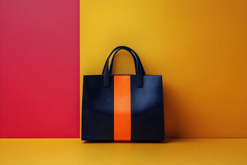 Stylish tote bag with navy and orange accents standing against a vibrant red and yellow background.