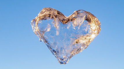 Fototapeta premium heart shaped ice cube glistens in sunlight against clear blue sky, evoking sense of joy and warmth