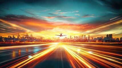 Obraz premium Cargo Route Concept. Vibrant sunset with an airplane flying over a cityscape, showcasing motion and energy.