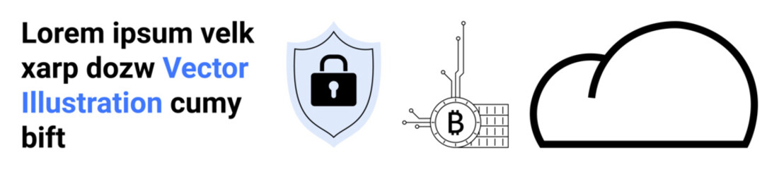 Three objects including a cybersecurity shield with padlock, Bitcoin blockchain symbol, and cloud storage icon. Ideal for cybersecurity, blockchain, cloud computing, data protection, encryption