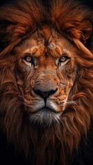 Naklejka premium A majestic lion's face with a thick mane, exuding power and intensity against a dark background.