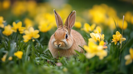 Fototapeta premium Cute brown bunny in a meadow of yellow spring flowers