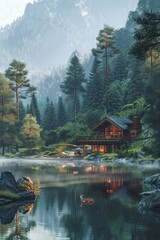 A serene lakeside cabin nestled among lush trees, reflecting the peaceful ambiance of nature with mountains in the background.
