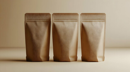 Three brown kraft paper stand-up pouches with resealable zippers on a beige background.  These are perfect for packaging food, coffee, tea, or other products.