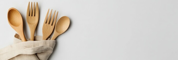 Wooden spoons and forks wrapped in a beige linen napkin represent a sustainable and eco conscious approach to dining and waste reduction, promoting reusable alternatives to plastic